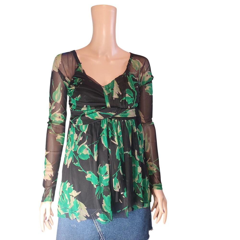 INC International Concepts Floral Mesh Top Women’s S Black Green Whimsigoth Y2K